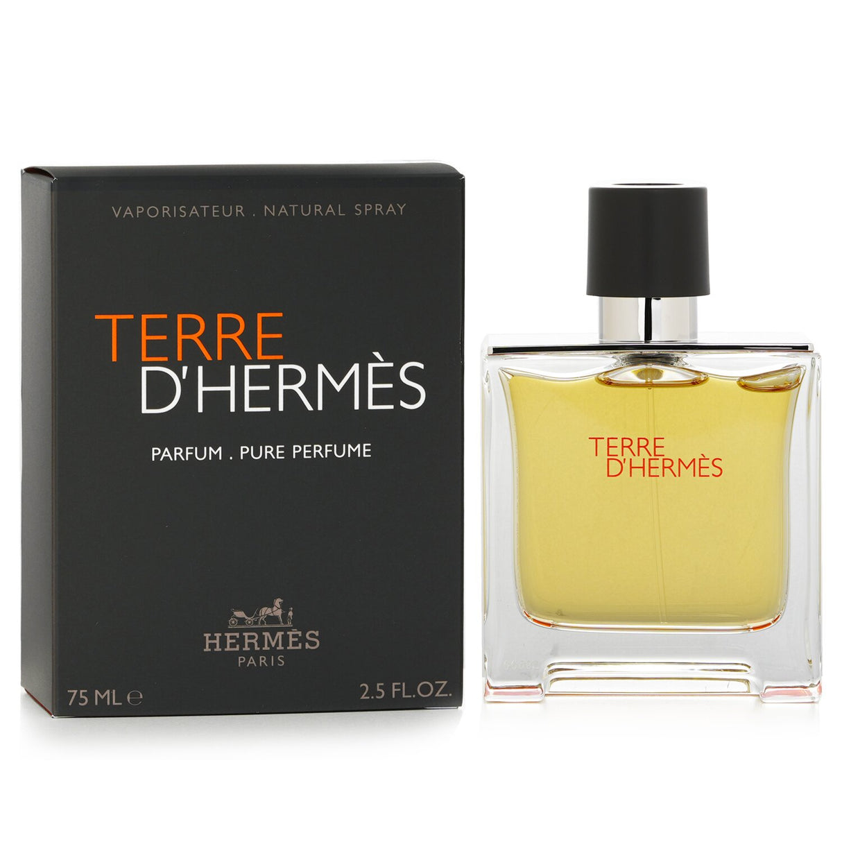 A 75ml bottle of Terre D'Hermes Pure Parfum Spray for men, featuring woody, earthy notes with citrus top notes.