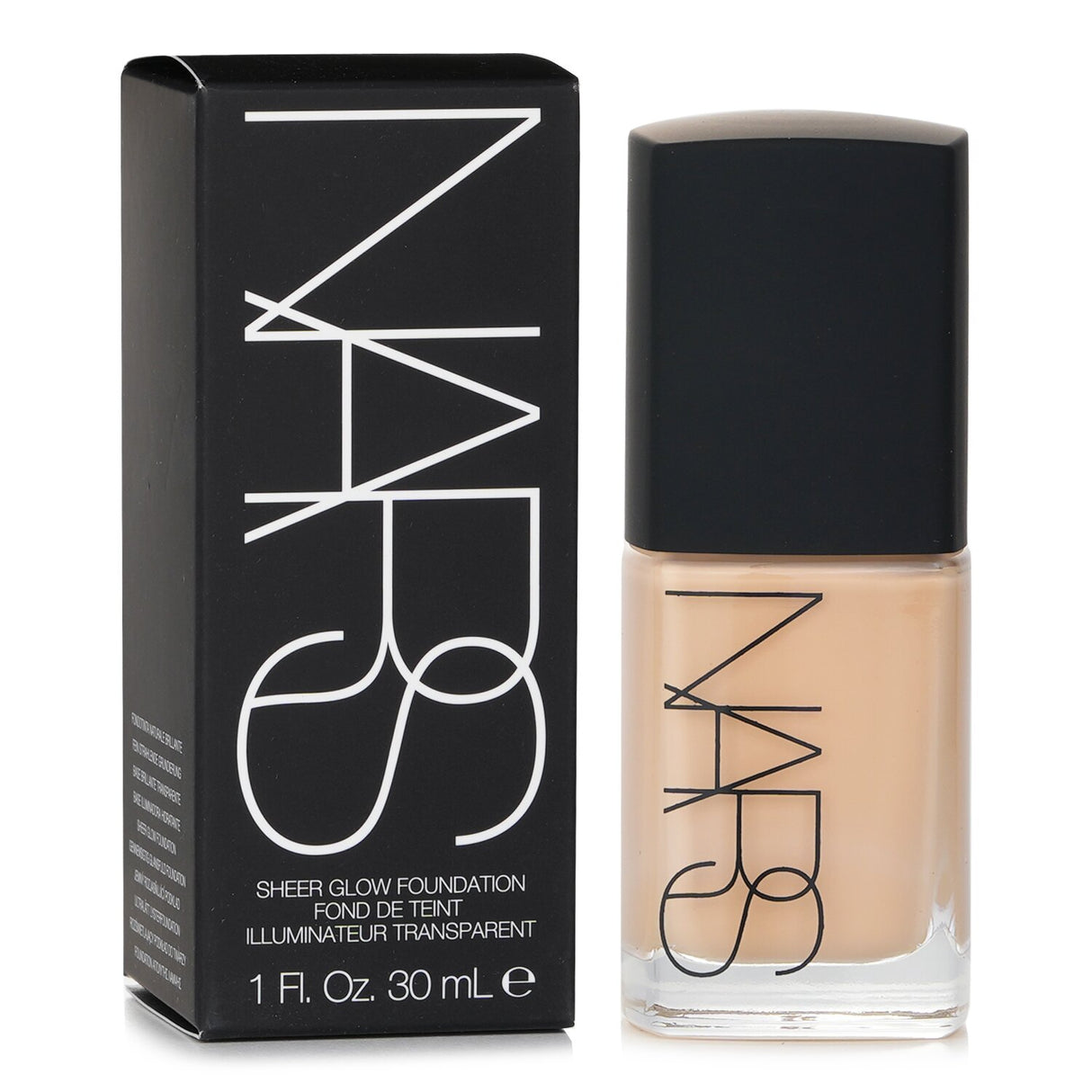 NARS Sheer Glow Foundation in Fiji; lightweight, buildable coverage with a radiant finish for normal to dry skin.