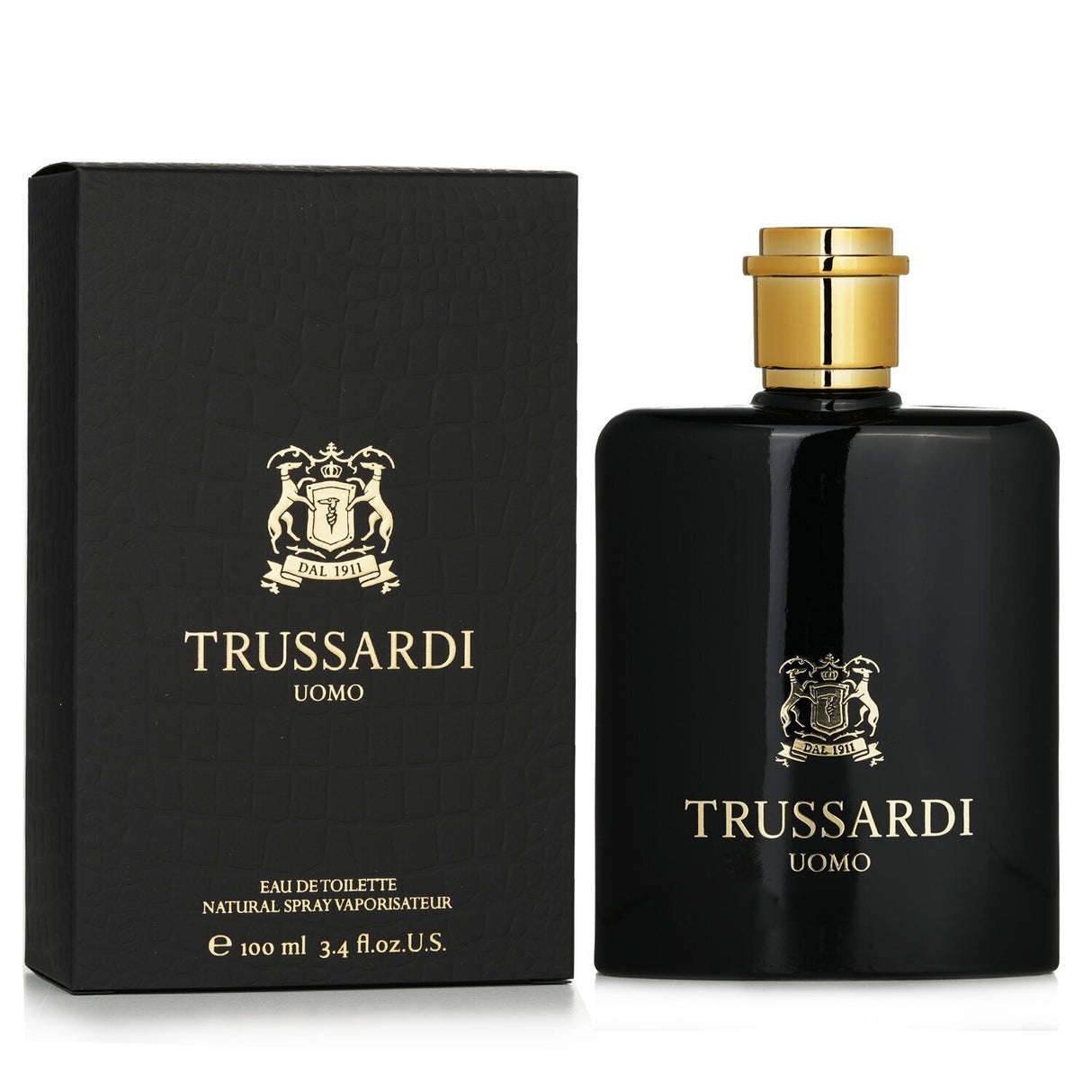 Sophisticated Trussardi Uomo Eau De Toilette in a 100ml bottle, featuring notes of Bergamot, Leather, and Oakmoss for men.