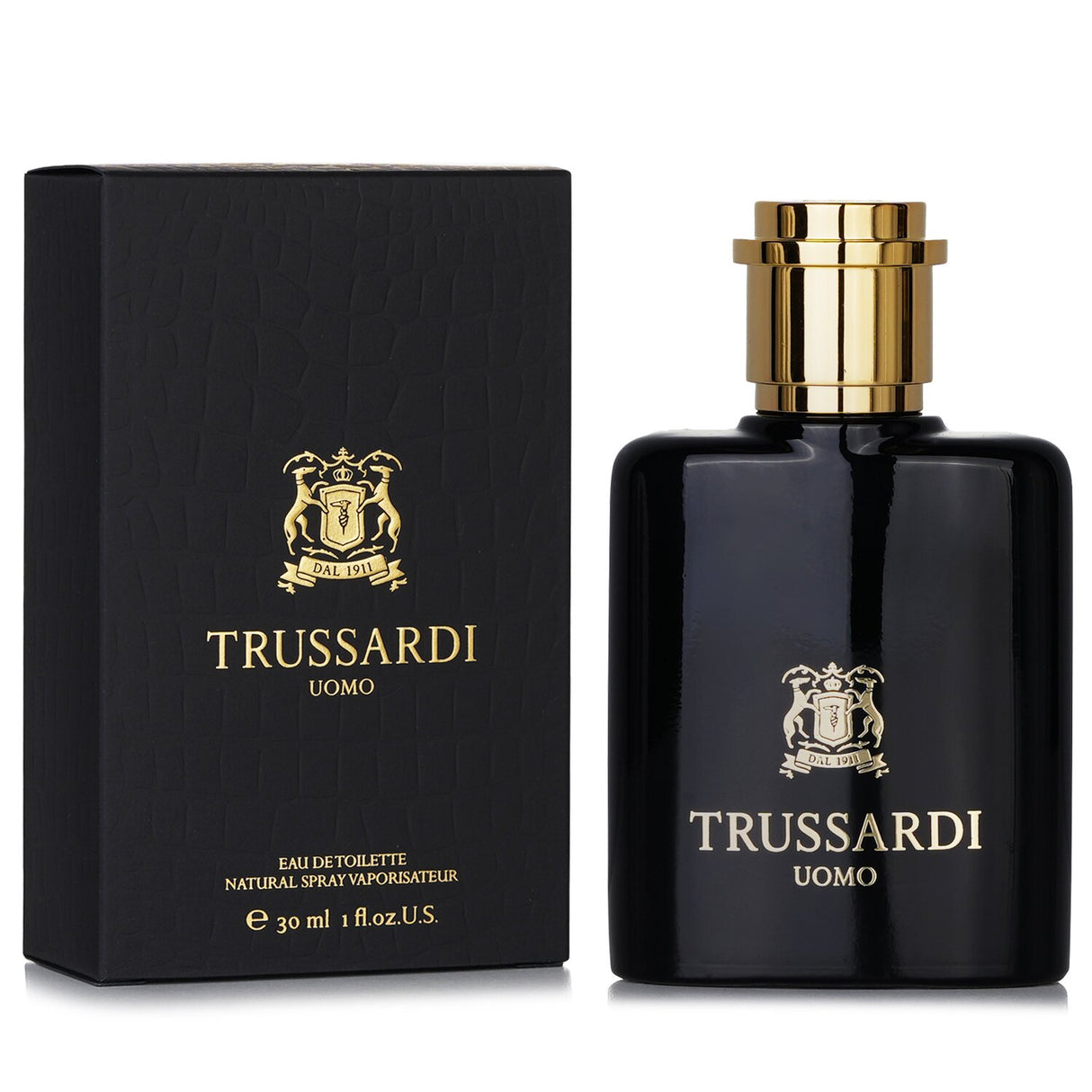 Trussardi Uomo Eau De Toilette Spray in a sleek 30ml bottle, featuring bold notes of Bergamot, Sage, and warm Tobacco.