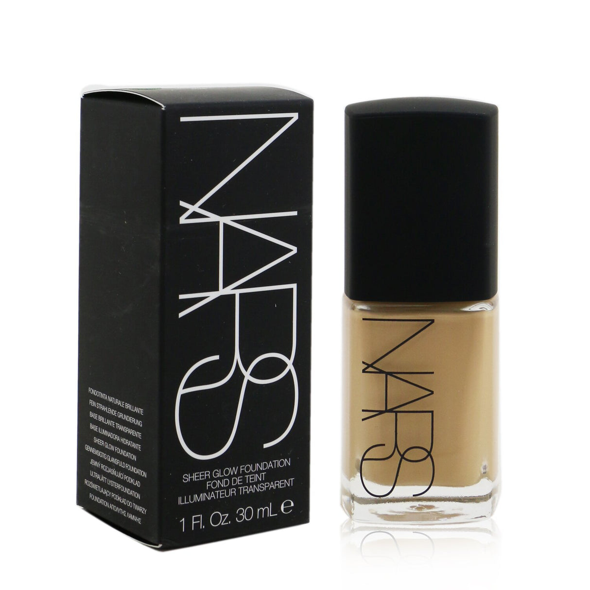 NARS Sheer Glow Foundation in Barcelona, providing buildable coverage and a radiant finish for normal to dry skin.