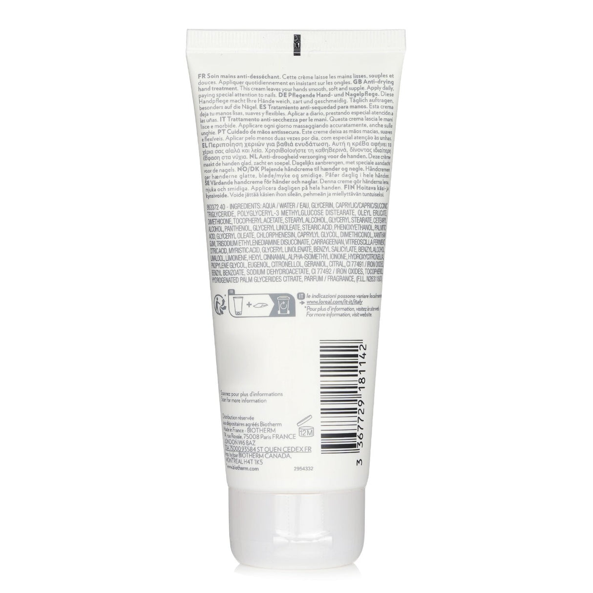 Water-resistant Biotherm hand and nail cream, enriched with Vitamin F and D-Panthenol for youthful, hydrated hands.