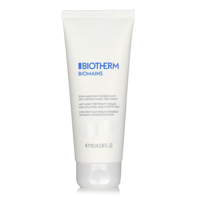 Biotherm Biomains hand cream in a 100ml tube, revitalizing age-delayed treatment for youthful hands and nails.