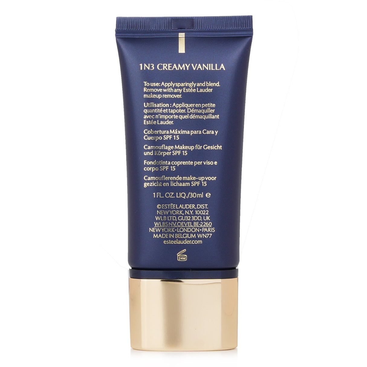 Estee Lauder Double Wear foundation in #03 Creamy Vanilla, provides full coverage, SPF 15, and 12-hour staying power.