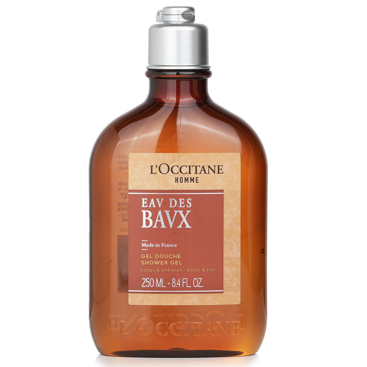 L'Occitane Eau Des Baux shower gel for men, 250ml, features a woody scent and revitalizing juniper oil for soft skin and hair.