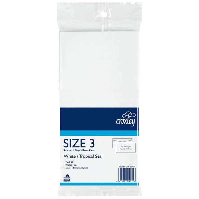 Croxley Size 3 DLE white envelopes, 114mm x 225mm, pack of 20 with tropical seals, ideal for mailing.