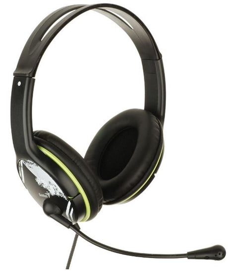 Genius HS-400A PC headphones with boom mic, featuring vivid green graffiti design, adjustable fit, and in-line volume control.