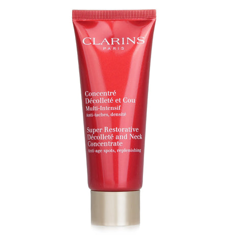 Clarins Super Restorative Decollete & Neck Concentrate, a 75ml anti-aging cream for firming, hydrating, and evening skin tone.