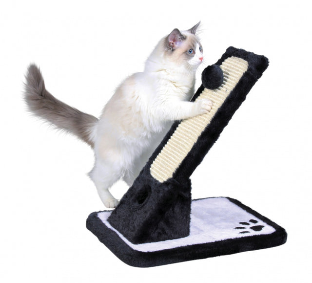 Cat scratching board with plush and sisal surfaces, includes two toys, available in black, cream, and natural colors.