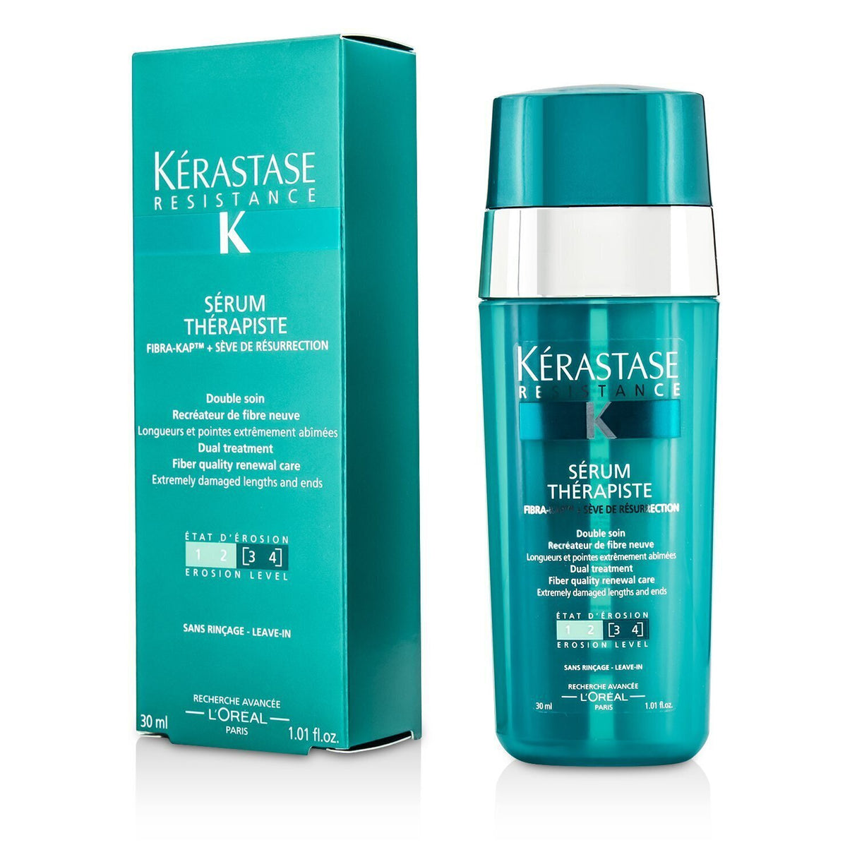 Kerastase Resistance Serum Therapiste: Dual treatment for extremely damaged hair, combines oil and cream for revitalization.