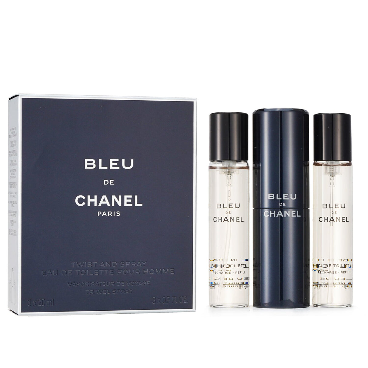 Chanel Bleu De Chanel Eau De Toilette Travel Spray set, featuring 3 x 20ml of woody fragrance with citrus notes for men.