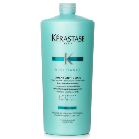 Kerastase Resistance Ciment Anti-Usure cream in a 1000ml jar, designed to strengthen and repair damaged hair lengths and ends.