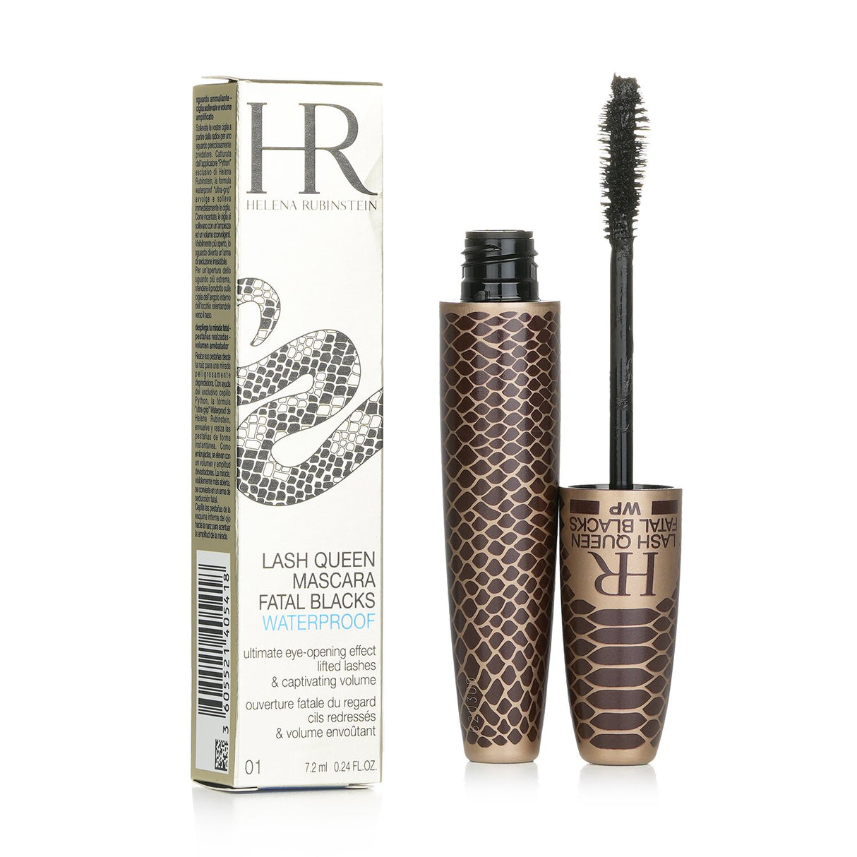 Waterproof volumizing mascara with Python brush for dramatic, curled lashes; perfect for sensitive eyes.