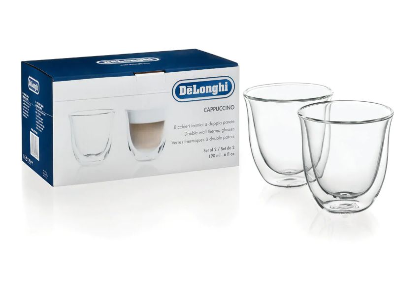 Double wall borosilicate glasses for cappuccino, keeping drinks warm or cold, comfortable to hold, dishwasher safe.