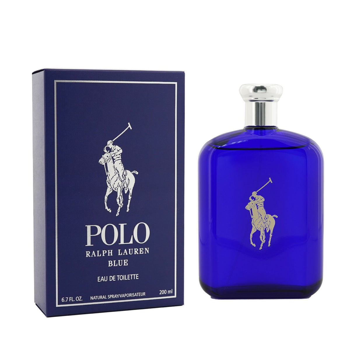 Ralph Lauren Polo Blue 200ml spray, featuring fresh melon and cucumber notes, perfect for modern men's daytime wear.