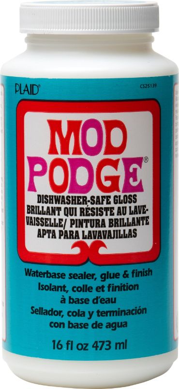 Bottle of Mod Podge Dishwasher Safe Gloss, an all-in-one decoupage glue for crafting durable, dishwasher-safe projects.