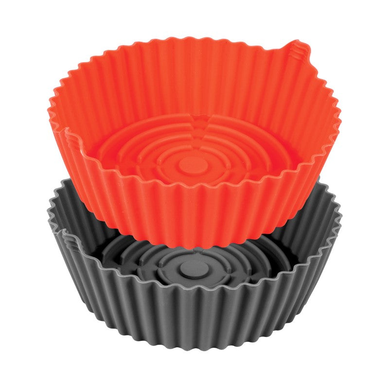 Set of 2 eco-friendly silicone air fryer inserts with grip tabs, easy to clean and reusable for hassle-free cooking.