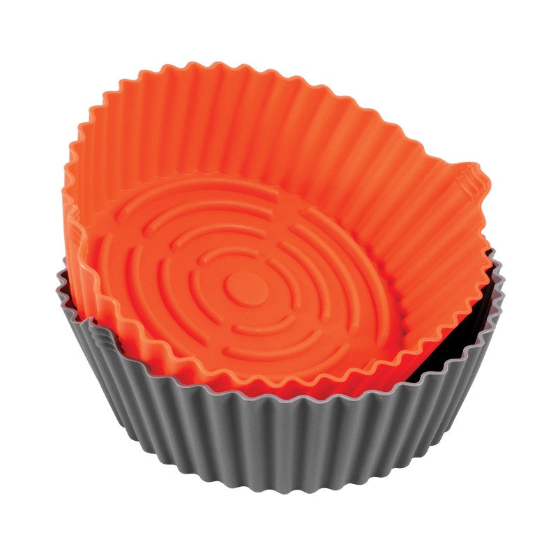 Set of 2 eco-friendly round silicone inserts for air fryers, 100% silicone, easy to clean with grip tabs for convenience.