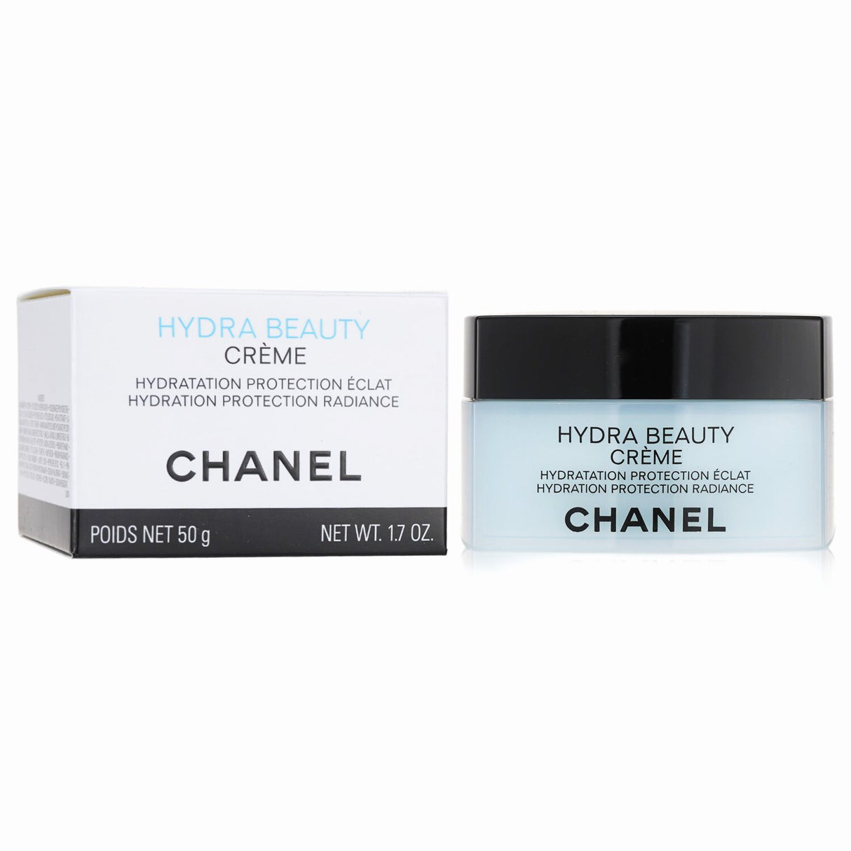 Hydrating Chanel Hydra Beauty Crème with camellia, hyaluronic acid, and Blue Ginger for a luminous, revitalized complexion.