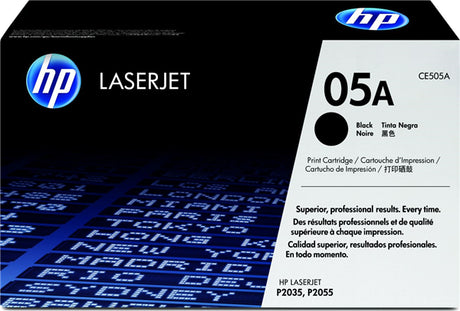 HP 05A Black Toner cartridge for LaserJet P2035/P2055, yielding 2,300 pages, delivers crisp, professional print quality.