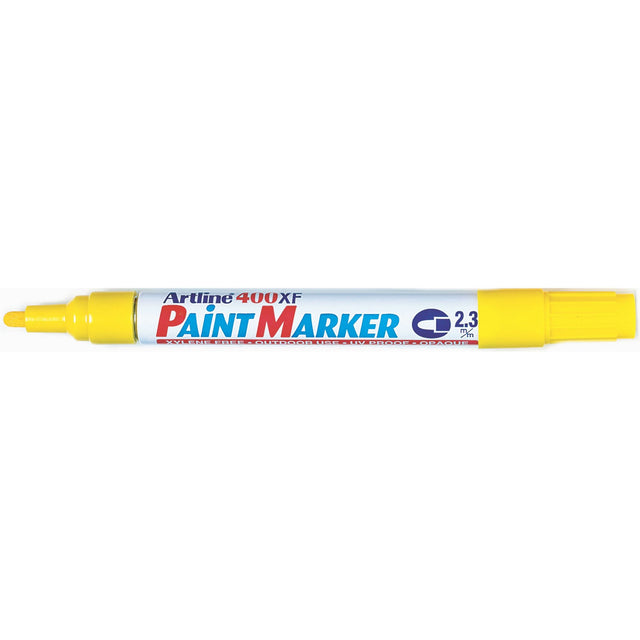 Artline 400 Yellow Paint Markers pack of 12, featuring 2.3mm bullet nibs for vibrant, permanent marks on various surfaces.