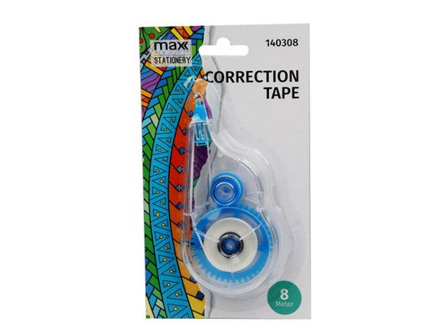 Max Brand Correction Tape pack of 12 units, 8 metres each, ensures mess-free, precise corrections for all writing projects.