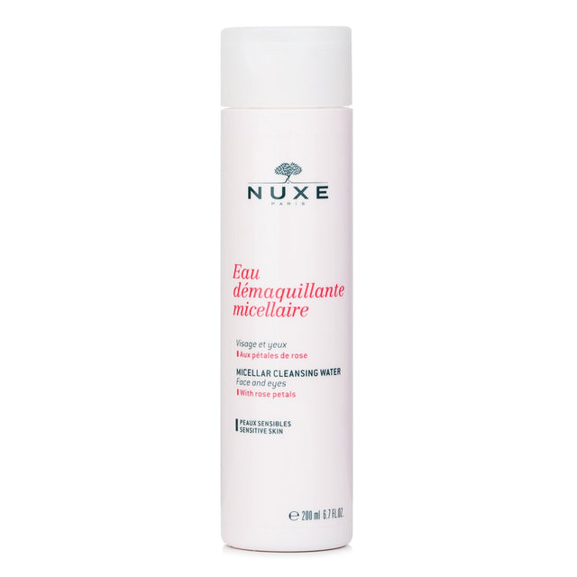Nuxe Micellar Cleansing Water: alcohol-free, coconut-derived, gently removes makeup, soothes with rose water, leaves skin fresh.