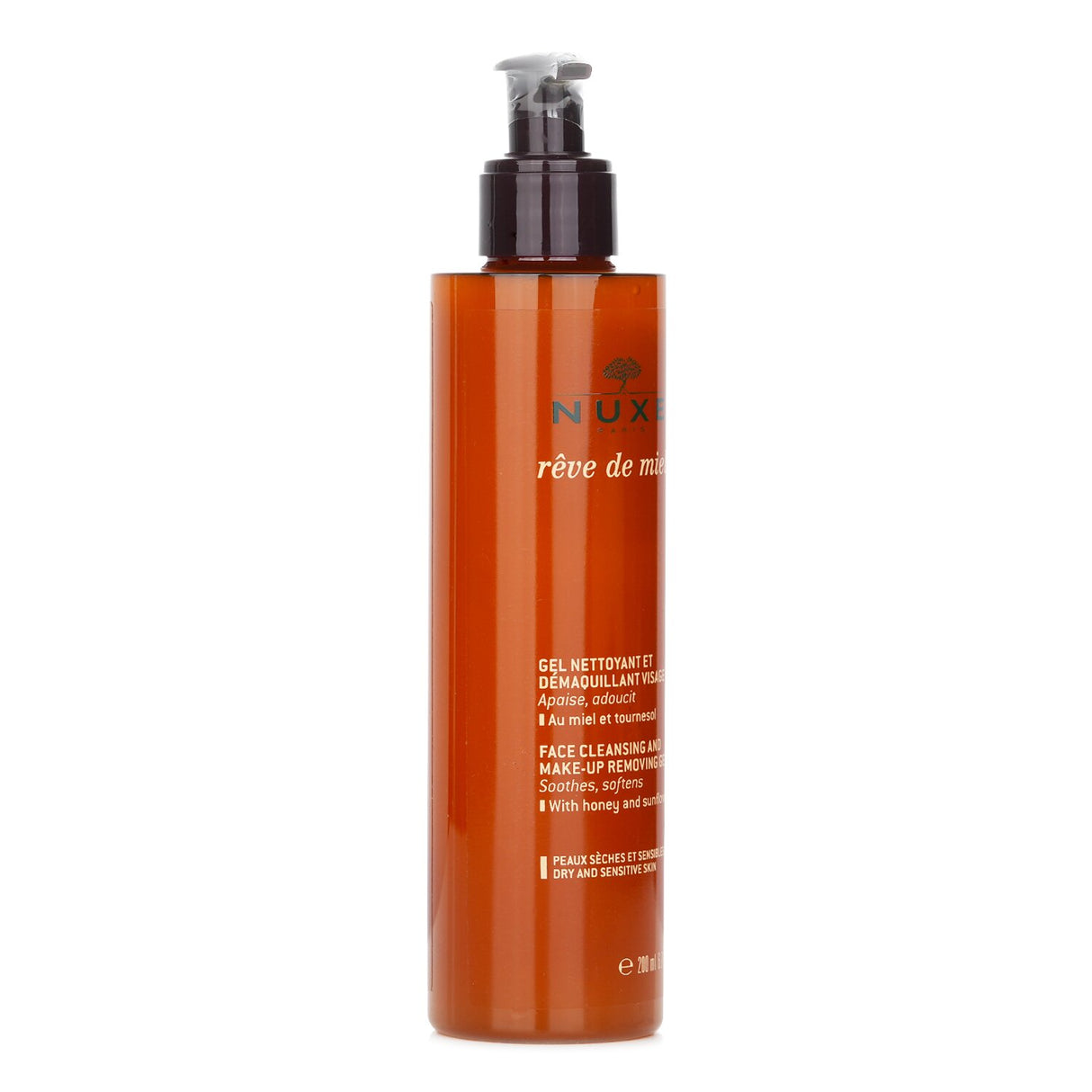 Gentle 200ml face cleansing gel with honey and sunflower extracts, perfect for makeup removal and sensitive skin care.