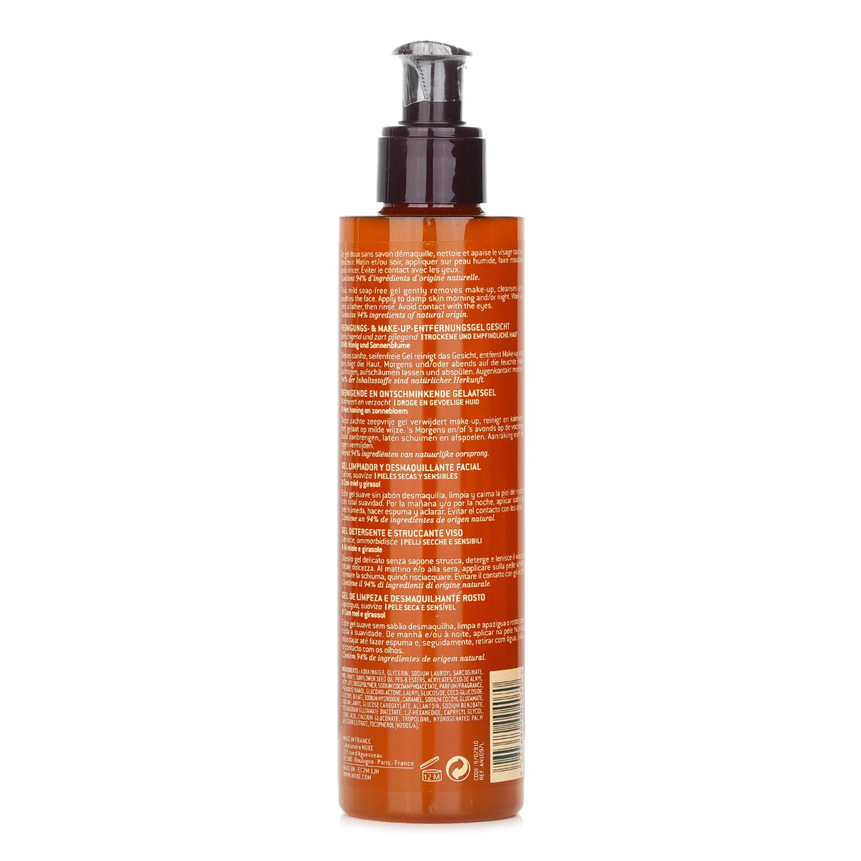 Gentle soap-free gel cleanser with honey and sunflower extracts, perfect for makeup removal and soothing sensitive skin.