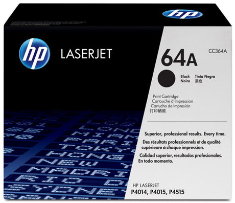 HP 64A Black Toner Cartridge for LaserJet P4014/P4015/P4515, delivers up to 10,000 pages of crisp, professional prints.