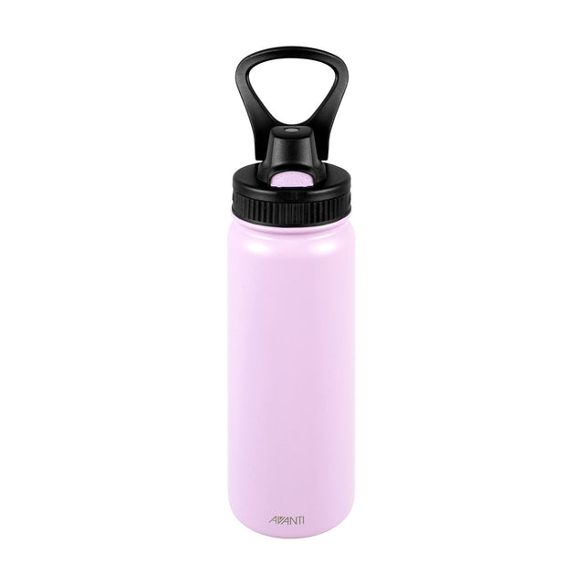 Lavender 550ml insulated bottle with stainless steel, keeping drinks cold for 24 hours; features leakproof lid and carry handle.