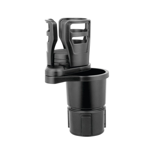 Avanti Multi Function Car Cup Holder, expandable for bottles 73mm to 150mm, durable black plastic, prevents spills.