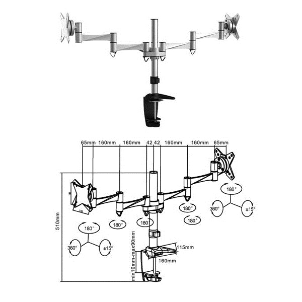 Brateck dual monitor stand for 13-27" screens, featuring clamp base, tilt, swivel, and rotate adjustments for ergonomic use.