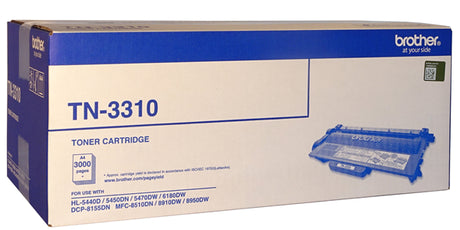 Brother TN-3310 Black Toner cartridge for sharp, high-quality prints, compatible with various Brother laser printers, yields 3,000 pages.