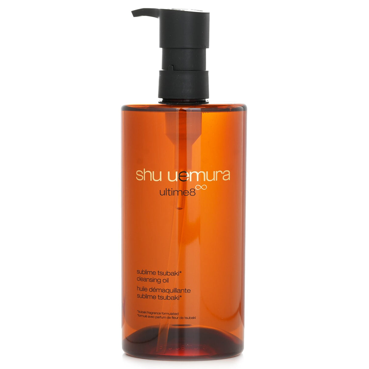 Luxurious Shu Uemura Ultime8 Cleansing Oil with Tsubaki essence, effectively dissolves makeup and hydrates for radiant skin.
