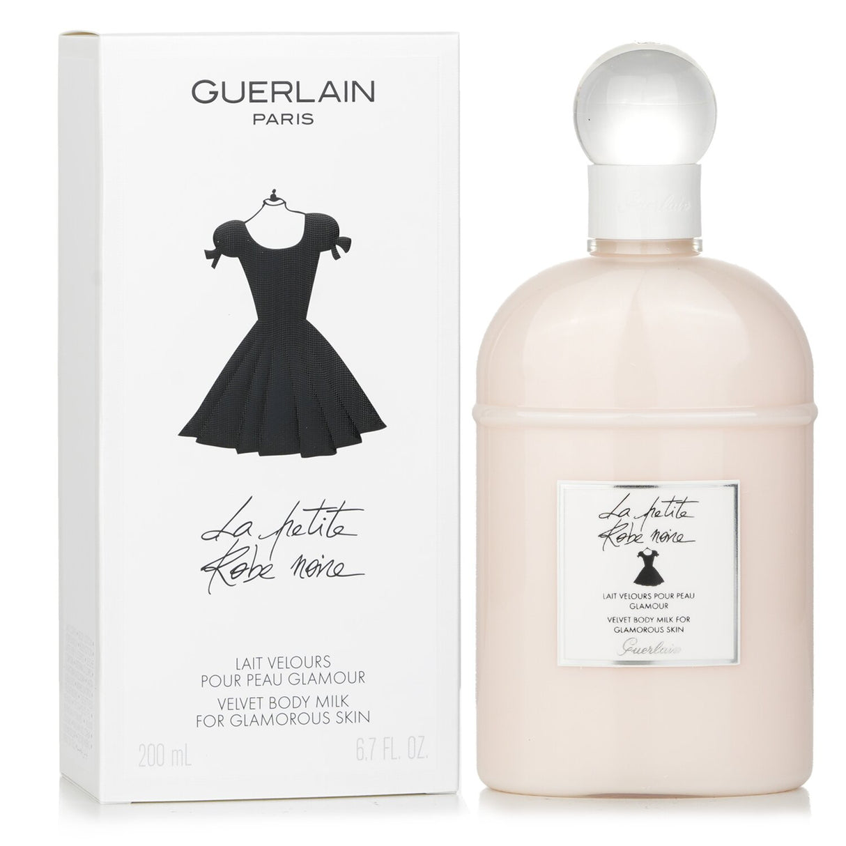 Guerlain La Petite Robe Noire Velvet Body Milk in a 200ml bottle, offering luxurious hydration and a captivating fragrance.