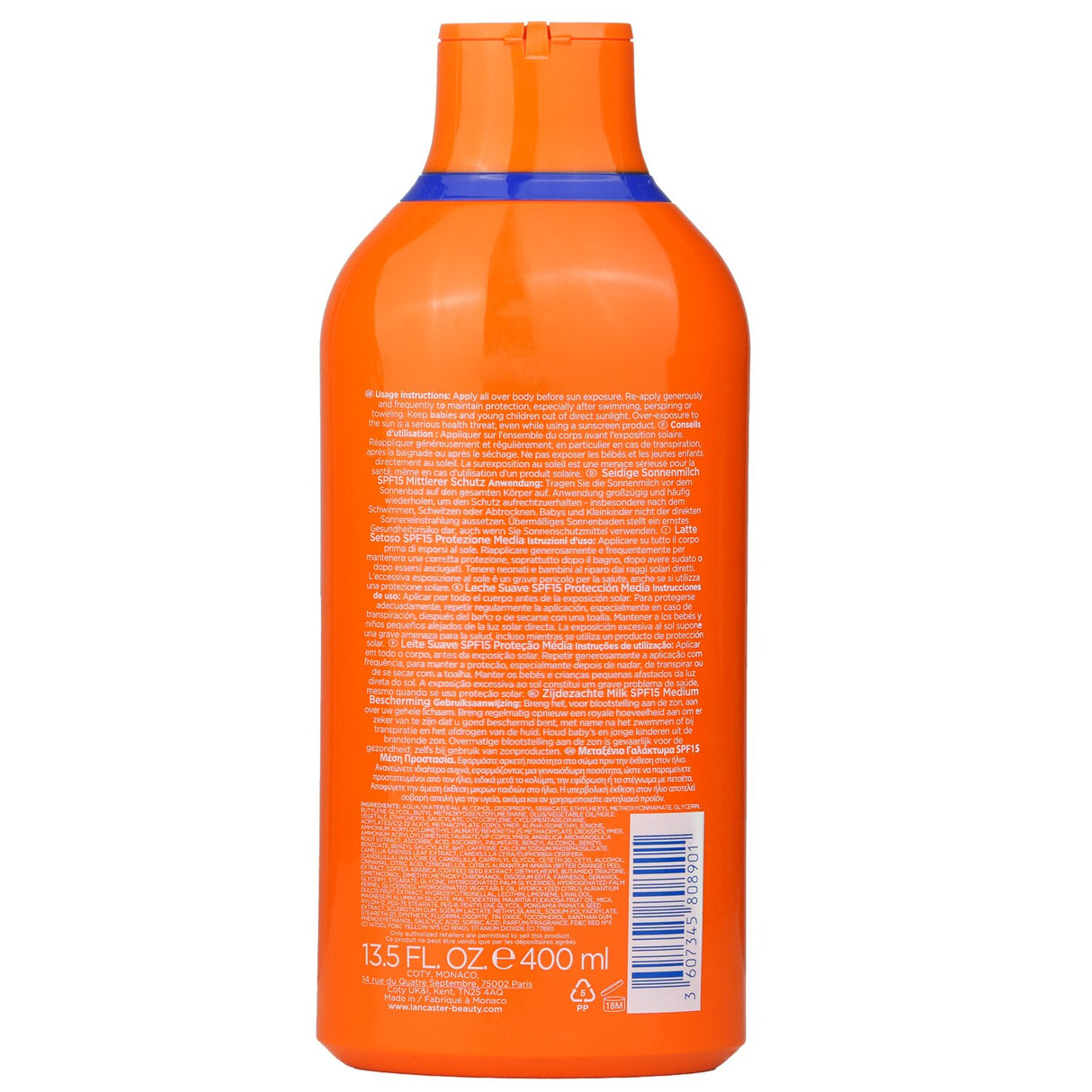 Lancaster Sun Beauty Silky Milk SPF15 in a 400ml bottle, offering radiant tanning with skin protection and hydration.