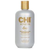 CHI Keratin Shampoo in a 355ml bottle, designed to restore and nourish weak, damaged hair with keratin, jojoba, and argan oils.