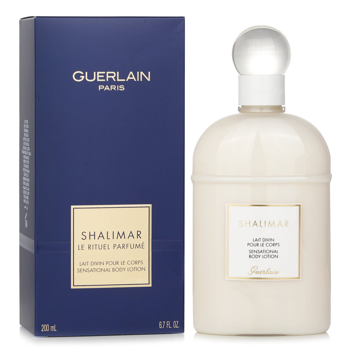 Luxurious Guerlain Shalimar body lotion in 200ml, providing deep hydration and a captivating fragrance for soft, silky skin.