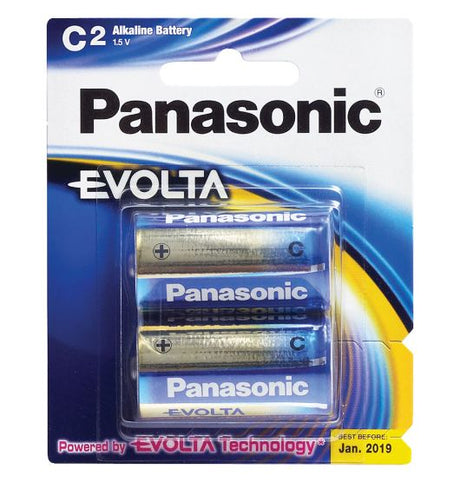 Panasonic Evolta C Size Batteries 2 Pack featuring Anti-Leak Protection, Triple Tough Coating, and Extra Power Formula for durability.