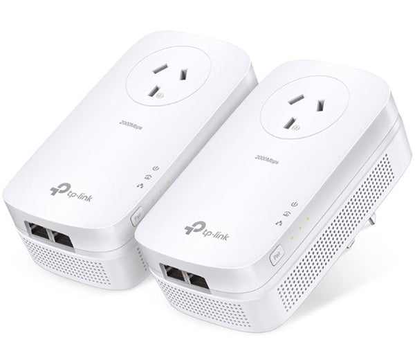 TP-Link PA9020PKIT Powerline Kit with 2 Gigabit LAN Adapters for fast internet up to 2000Mbps and integrated power socket.