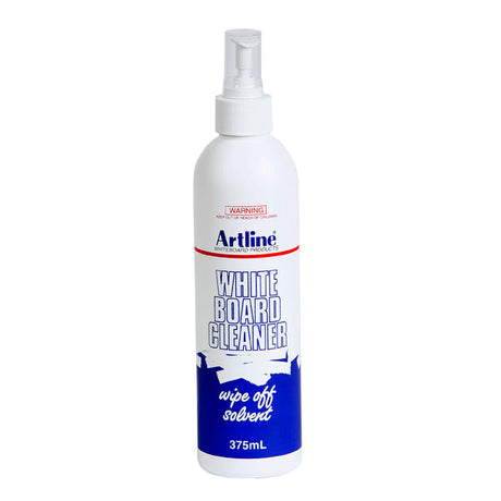 Whiteboard cleaner in a 375ml bottle, effectively removes ghosting and maintains quality with an alcohol-based formula.