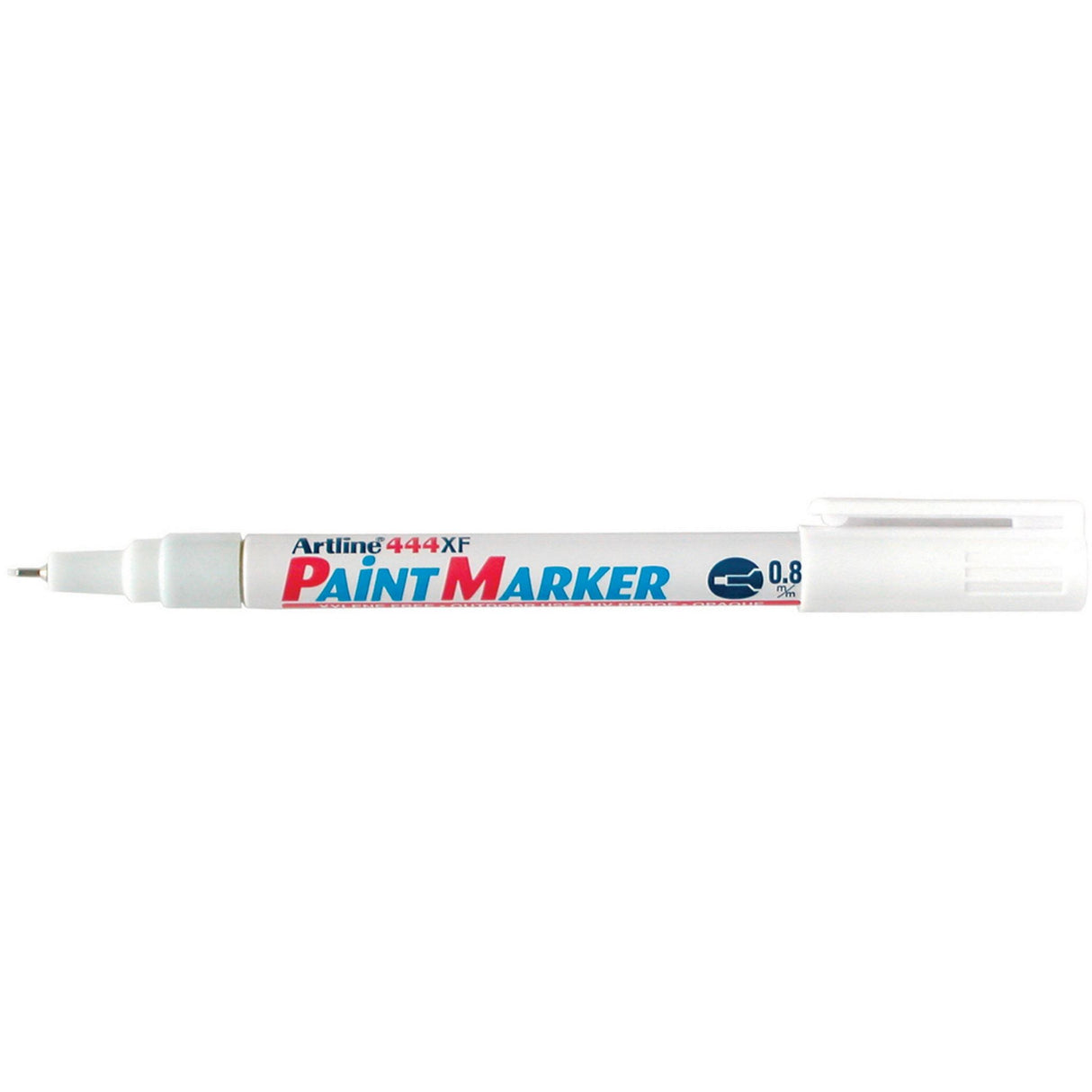 Set of 12 white Artline 444 permanent paint markers with 0.8mm tip, suitable for indoor/outdoor lasting marking.