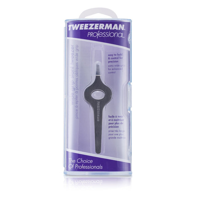 Professional Wide Grip Slant Tweezer with stainless steel body, hand-filed tips for precise and controlled hair removal.