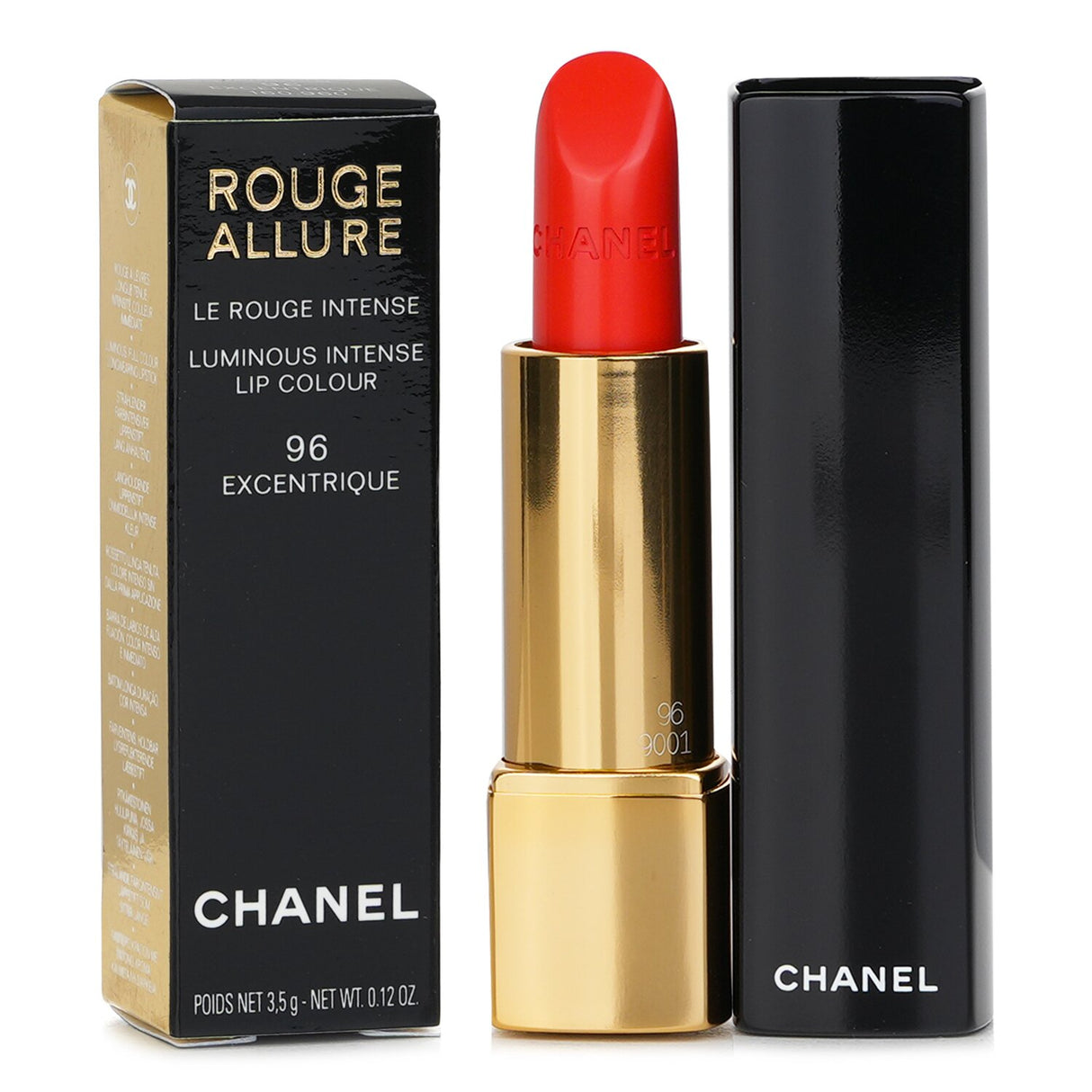 Chanel Rouge Allure #96 Excentrique lipstick with silky satin texture and vibrant color, hydrates lips while providing full coverage.