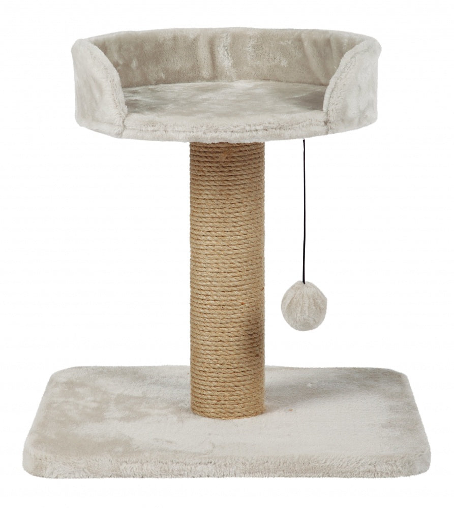 Light grey cat tree with plush cover, jute-wrapped post, and toy on string, 46 cm tall by Trixie.