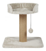 Light grey cat tree with plush cover, jute-wrapped post, and toy on string, 46 cm tall by Trixie.