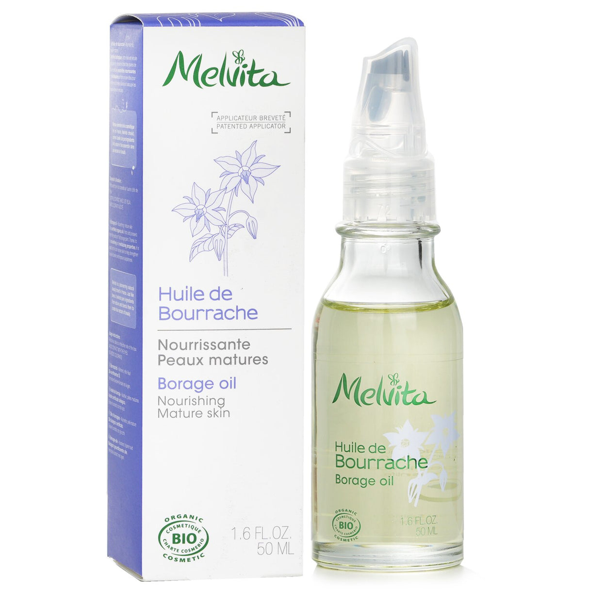 Melvita Borage Oil 50ml, cold-pressed organic oil rich in GLA for anti-aging, hydration, and skin elasticity.