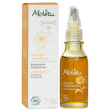 Melvita Calendula Oil in a 50ml bottle, soothing organic oil for sensitive skin enriched with calendula and soybean oil.