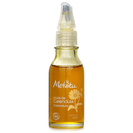 Melvita Calendula Oil in a 50ml bottle, a soothing organic oil for sensitive skin, featuring calendula and soybean oil.